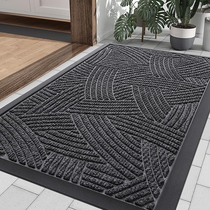 Smiry Front Door Mat Outside Entrance, Heavy Duty Sturdy Natural Rubber Doormat, Trap Dirt and Moisture, Easy Clean Low Profile Mats for Indoor Outdoor Entry, Interwoven Stripes (29.5x17, Grey)