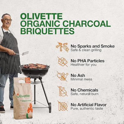 Organic Charcoal Briquettes by Olivette, Reusable Charcoal for Grilling, USDA Certified, Recycled Olive Tree Byproduct, Ready to Light, 6.6 lb. Bag Equal to 20 lb. Regular Charcoal, 4-Bag Bulk Case