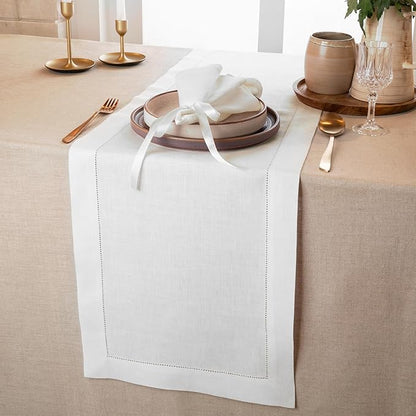 D'Moksha Homes Linen White Table Runner 36 Inches - 100% Pure Linen Small Table Runner 14 x 36 Inch Ideal for Dresser, Coffee Tables, Valentines, Spring, Easter - Classic Hemstitch