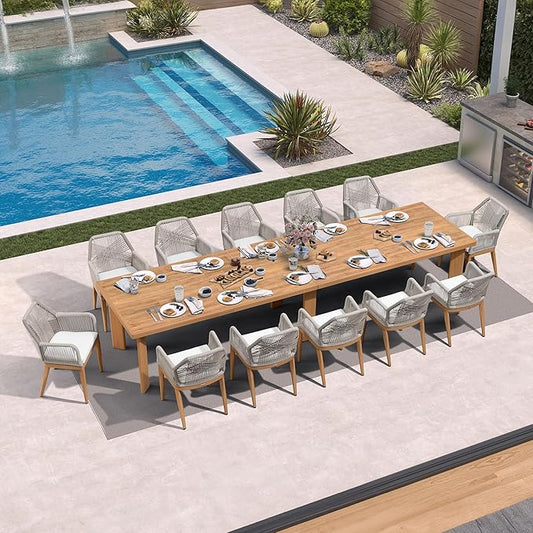PURPLE LEAF 13 Pieces Patio Dining Set Aluminum Modern Rectangular Table and Rattan Arm Chairs with Cushions for Kitchen Porch Garden Outdoor Furniture Sets, Teak