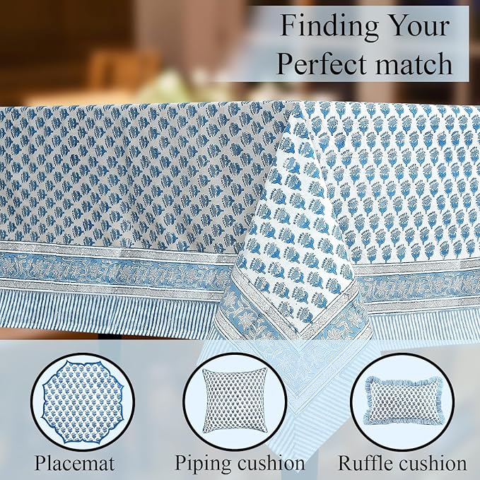 CPC Tablecloth 100% Cotton 72x140 Inch Indian Block Print Rectangle Table Cover, Blue Table Cloth for Weddings, Spring/Summer, Barbeque - Apatite Blue