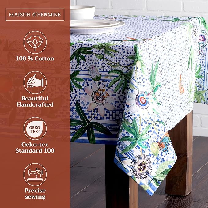 Maison d' Hermine Table Cloth Rectangle Table 100% Cotton 60 x 120 Inches Tablecloth Reusable Decorative for Dining Room, Farmhouse, Home, Party, Festive & Wedding Spring Summer - Passiflora