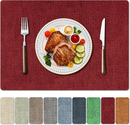 Faux Leather Heat Resistant Christmas Placemats Set of 6 – Waterproof Oilproof Wipeable Dining PU Vinyl Place Mat Easy Clean Table Mats for Kitchen/Dining/Party/Holiday, Red