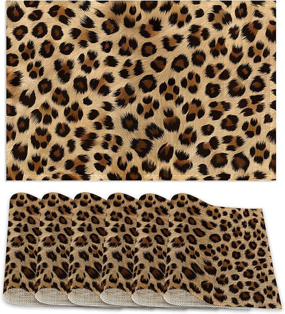 Leopard Skin Texture Placemats Set of 6, Placemats Washable Kitchen Dining Linen Table Mats Stain Heat-Resistant for Home Party Indoor 12x18 inch