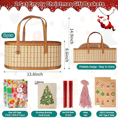 2 Set Baskets for Gifts Empty, Large Bamboo Christmas Gift Baskets with Handle, Foldable Woven Holiday Baskets for Gifts, DIY Gift Wrapping Set, Reusable Decorative Xmas Basket Kit