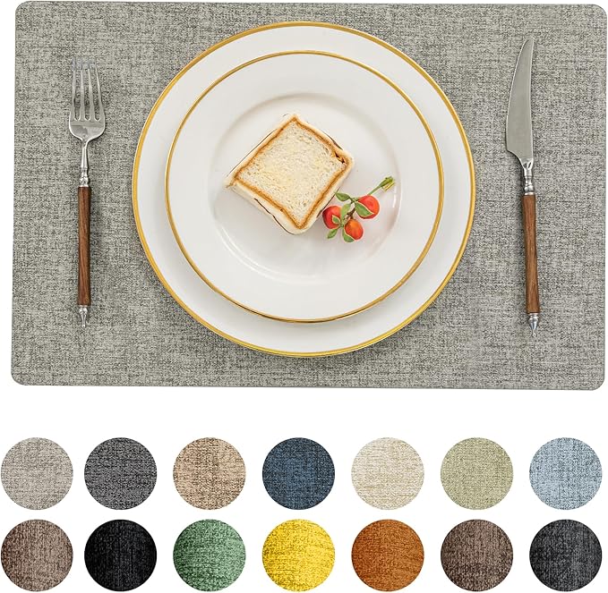 Romanstile Vinyl Placemats Set of 12-12 X 17 Inch - Heat Resistant Place Mats 100% Waterproof Oilproof Wipeable Reversible Faux Leather Table Mats for Kitchen, Dining, Party, Outdoor, Light Grey