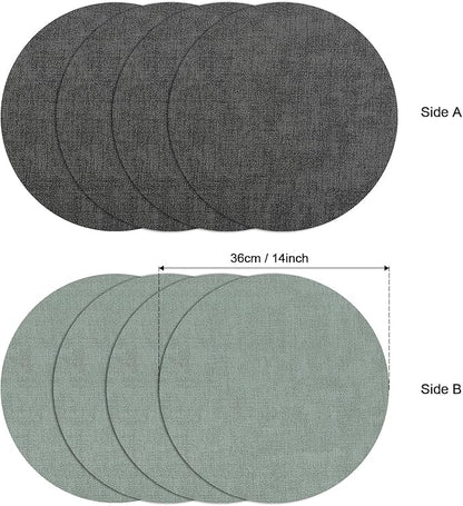 Myir JUN Round Placemats Dual Sided, Faux Leather Place Mats Set of 4 Indoor for Dining Table Outdoor Non-Slip Washable Table Mats (Set of 4, Gray Sage Green)