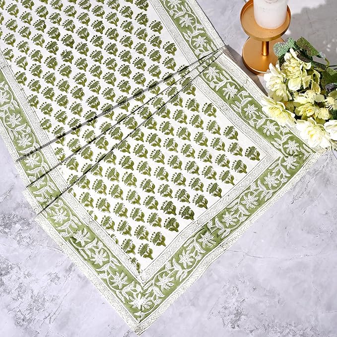 CPC Cotton Table Runner 16x90 Inch Block Printed Long Fall Table Runner for Dining Table, Card Table, Coffee Table, Wedding, Farmhouse & Outdoor Barbeque-Emerald Green