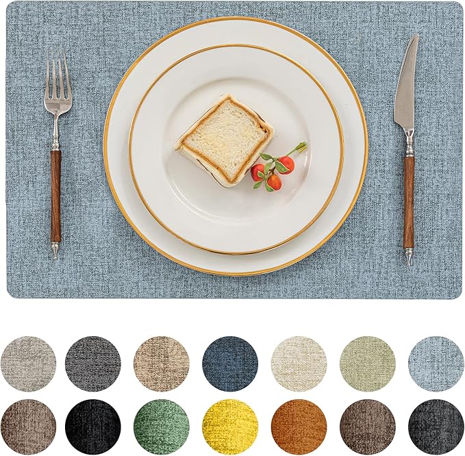 Romanstile Vinyl Placemats Set of 8-12 X 18 Inch - Heat Resistant Place Mats 100% Waterproof Oilproof Wipeable Reversible Faux Leather Table Mats for Kitchen/Dining/Party/Outdoor, Sky Blue