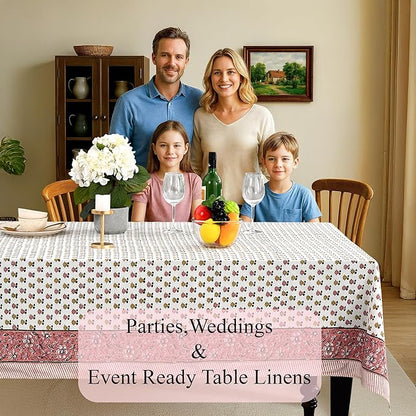 CPC Rosette Bloom Tablecloth 100% Cotton 72x140 Inch Indian Block Print Rectangle Table Cover, Table Cloth for Gifting in Weddings, Halloween, Fall, Christmas, Thanksgiving