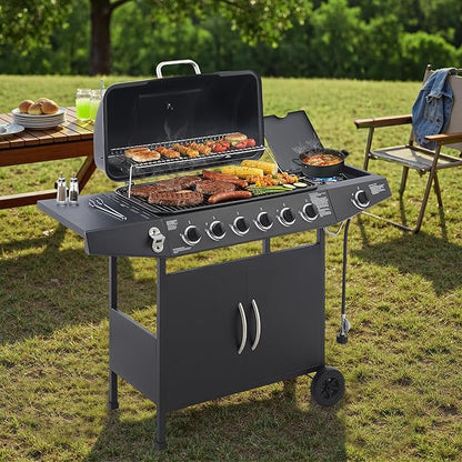 Propane Gas BBQ Grill with 6-Burner and Side Burner 59000 BTU Stainless Steel Barbecue Grill with Porcelain-Enameled Cast Iron Grates,Side Shelves and Wheels Portable Outdoor Grill for Pation,Backyard