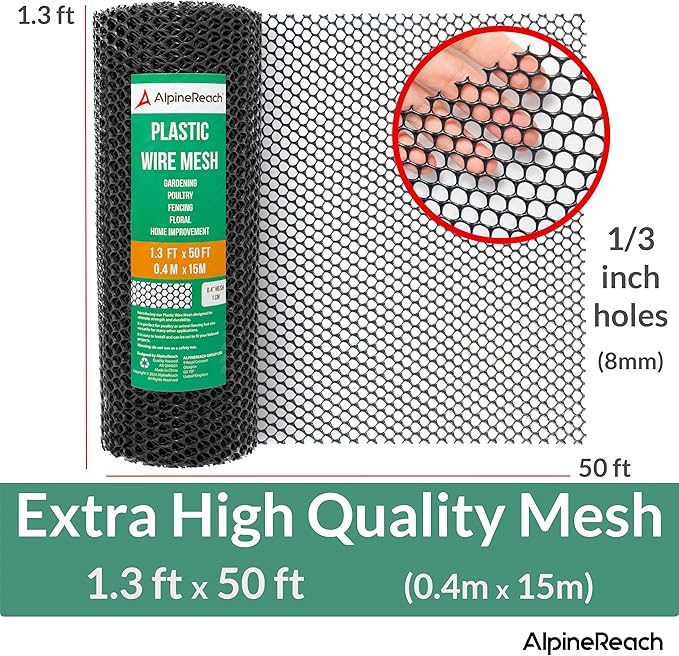 AlpineReach Plastic Wire Mesh 1.3ft x 50ft (15.7" x 600") Fence Roll with Zip Ties - Ideal for Poultry, Dogs, Rabbit Barrier & Gardening, Durable Chicken Mesh, Versatile Rigid Fencing & Netting, Black