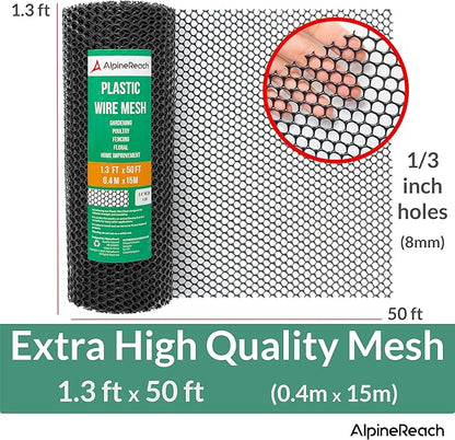 AlpineReach Plastic Wire Mesh 1.3ft x 50ft (15.7" x 600") Fence Roll with Zip Ties - Ideal for Poultry, Dogs, Rabbit Barrier & Gardening, Durable Chicken Mesh, Versatile Rigid Fencing & Netting, Black