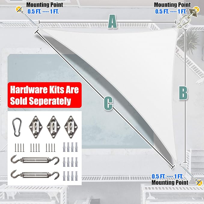 Amgo Custom Size 17' x 21' x 27' White Right Triangle Sun Shade Sail UPF50+ - Image 6