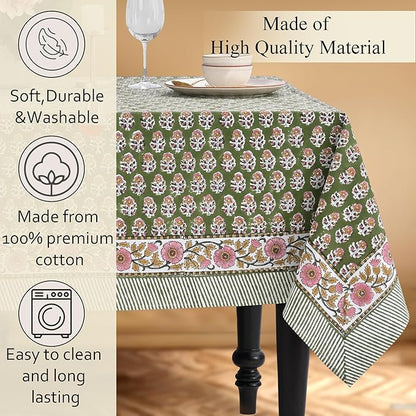 CPC Tablecloth 100% Cotton 72x140 Inch Indian Block Print Easter Rectangle Table Cover, Table Cloth for Weddings, Parties- Jade Green 12-Seater