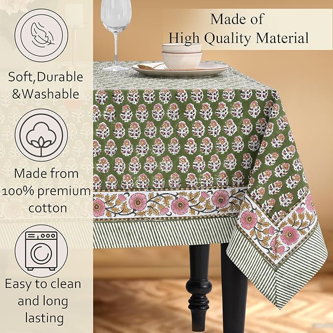 CPC Tablecloth 100% Cotton 60x90 Inch Indian Block Print Easter Rectangle Table Cover, Table Cloth for Weddings, Parties- Jade Green 6-Seater
