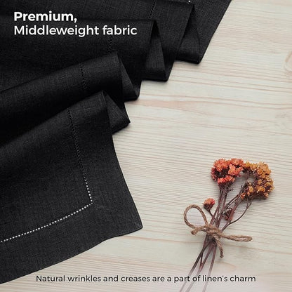 D'Moksha Homes Linen Black Table Runner 132 Inches Long - 100% Pure Linen Extra Long Table Runner 14 x 132 Inch for Spring, Easter - Classic Hemstitch