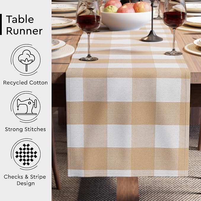Encasa XO Cotton Dining Table Runner | Buffalo Beige Checks | Size 13x104 in - Machine Washable & Durable