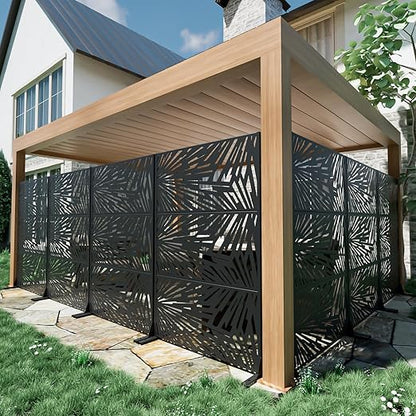 Casaphoria Metal Privacy Screen Outdoor, 72" H x 47" W Freestanding Decorative Privacy Screen for Patio Deck Balcony Garden with Stable Base, Black-Frank