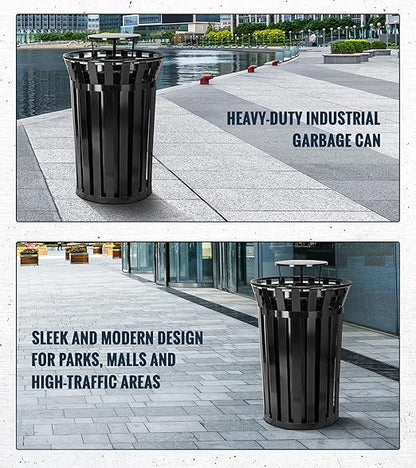 Alpine Industries 38 Gallon Commercial Outdoor Metal Trash Can with Liner, Flat Lid & Rain Bonnet