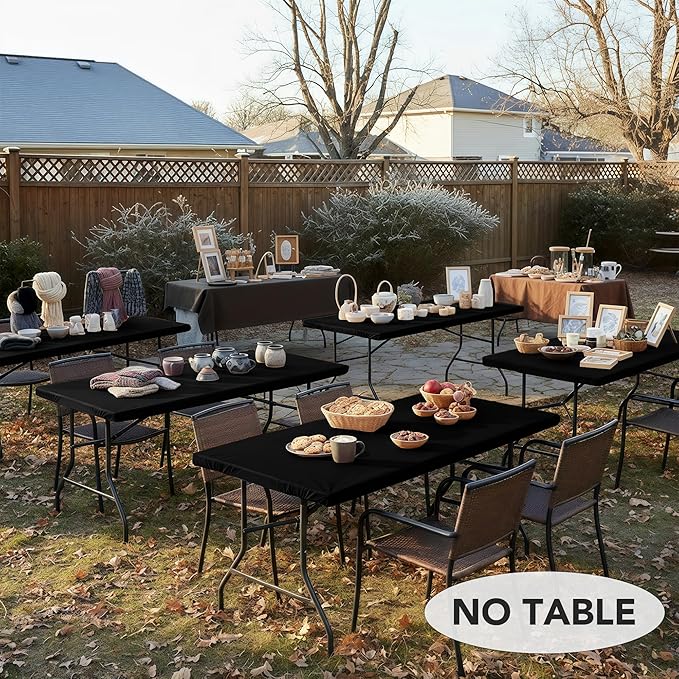 LUSHVIDA 6 Packs Vinyl Tablecloths with Flannel Backing for 8ft Rectangle Folding Table Cloths - Waterproof Plastic Picnic Table Covers with Elastic Corners, 30x96 inch, Black