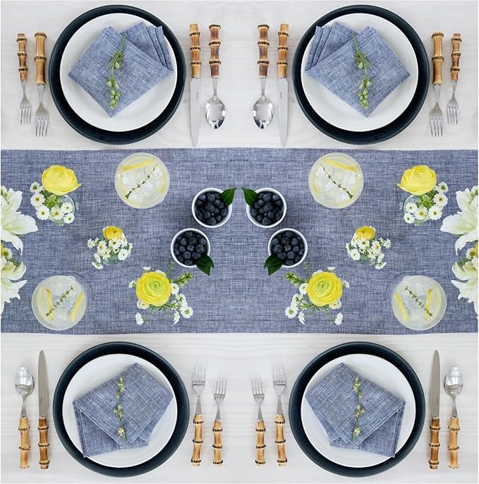 Solino Home Linen Small Table Runner 48 Inches - Athena, 100% Pure Linen Chambray Indigo Table Runner 14 x 48 Inch Ideal for Dresser and Coffee Tables - Winter, Spring, Easter