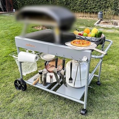 Upgraded Pizza Oven Cart Table for Ooni Koda/Karu/Fyra 16 & 12, Movable Thicken & Widen Rolling Kitchen Cart, Outdoor Grill Stand for Ninja Woodfire,Blackstone Griddle,Barbecue Tool Set