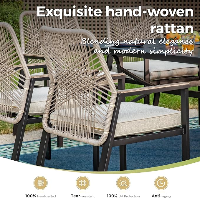 7 Pieces Round Outdoor Dining Set for 6, Patio Dining Set Wicker Rattan Chairs with Soft Cushion and 54" Round Table with Umbrella Hole, Round Patio Table and Chairs for Backyard Porch