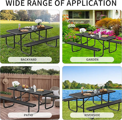 4 FT Metal Picnic Tables for Outside, Outdoor Coated Steel Heavy Duty Commercial Picnic Table with Benches, Patio Table Rectangular Furniture Set for Garden, Lawn, Shops, Parks