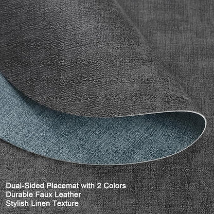 Placemats and Coasters, Washable Reversible Placemats Round Faux Leather Wipeable Place Mats Non Slip Heat Resistant Indoor Outdoor Table Mats (Set of 6, Gray Light Blue)