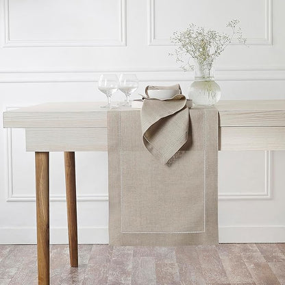 D'Moksha Homes Linen Natural Table Runner 72 Inches Long - 100% Pure Linen Hemstitch Table Runner 14 x 72 Inch for Dresser, Dining, Valentines, Spring, Easter - Classic Hemstitch