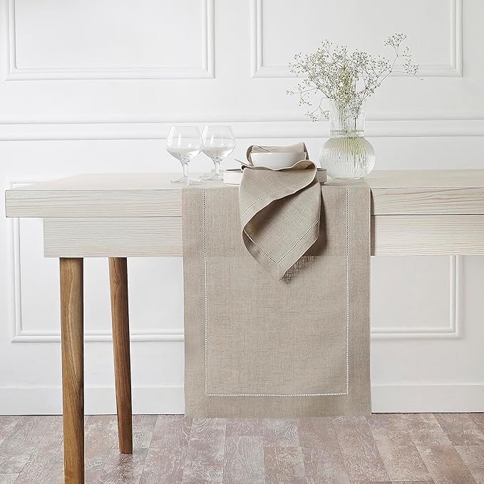 D'Moksha Homes Linen Natural Table Runner 36 Inches - 100% Pure Linen Small Table Runner 14 x 36 Inch Ideal for Dresser, Coffee Tables, Valentines, Spring, Easter - Classic Hemstitch