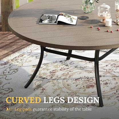 VICLLAX 60" Outdoor Round Patio Table for Lawn Garden, All Weather Metal Round Patio Dining Table with Adjustable Umbrella Hole, Outdoor Table for 8-10 Person, Grey Wood-Like Tabletop