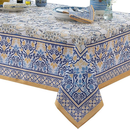 Home Bargains Plus Rectangle Fabric Tablecloth, 60 x 84 Inch, Allure Yellow and Blue Floral Bordered Print, Indoor Outdoor Stain and Water Resistant Table Cloth, Provence French Country
