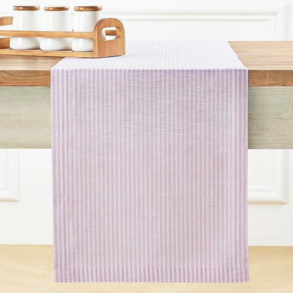 Solino Home Linen Table Runner 90 Inches Long - Narrow Stripe, 100% Pure Linen Pink and White Farmhouse Table Runner 14 x 90 Inch for Dining, Valentines, Spring, Easter