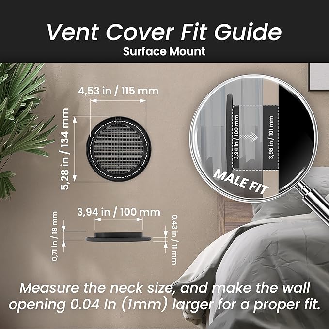 Repa Market 4 Inch (Opening) Black Round Air Vent Cover - Pack of 5 Plastic Fresh Air Intake Vent - Grill Cover with Nylon Mesh Screen - Wall or Ceiling HVAC Return Air Register - Modern Soffit Vents