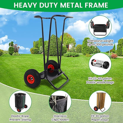 ARCITON Trash Bag Holder with Wheels, Heavy Duty Metal Garden Garbage Bag Support Frame can Hold 33-65 Gallon Leaf Bags, Leaf Bag Holder for Yard Lawn Cleanup Gardening Camping Party Weeding