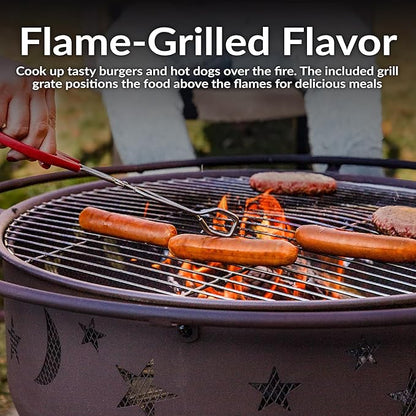 Sunnydaze Cosmic 30-Inch Patio Fire Pit for Outside - Outdoor Wood-Burning Fire Pit with Grill Grate, Spark Screen, and Fireplace Poker