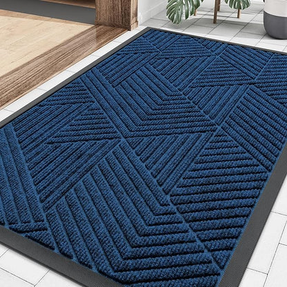 Smiry Front Door Mat Outside Entrance, Heavy Duty Sturdy Natural Rubber Doormat, Trap Dirt and Moisture, Easy Clean Low Profile Mats for Indoor Outdoor Entry, Irregular Triangle (36x24, Medium Blue)