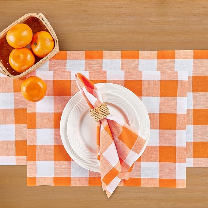 Solino Home Linen Checkered Table Runner 132 Inches Long - 100% Pure Linen Buffalo Check Pumpkin and White Table Runner 14 x 132 Inch Ideal for Dining