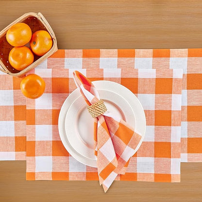 Solino Home Linen Checkered Table Runner 132 Inches Long - 100% Pure Linen Buffalo Check Pumpkin and White Table Runner 14 x 132 Inch Ideal for Dining