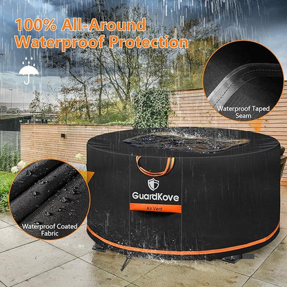 [Upgraded 1000D Heavy Duty Fabric] 50” Fire Pit Cover Round for 48”- 50” Fire Pit/Tables, Waterproof Tear & Fade Resistant Firepit Cover with Buckle, Handle, Drawstring, Air Vent (50”D x 24”H,Black)