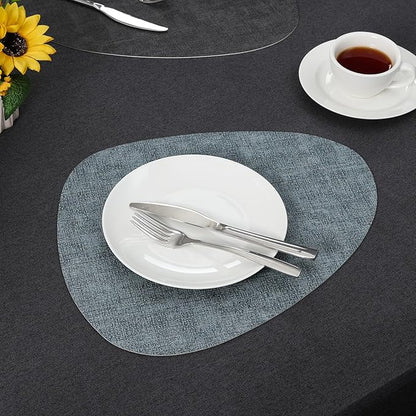 Placemats and Coasters, Washable Reversible Placemats Round Faux Leather Wipeable Place Mats Non Slip Heat Resistant Indoor Outdoor Table Mats (Set of 6, Gray Light Blue)