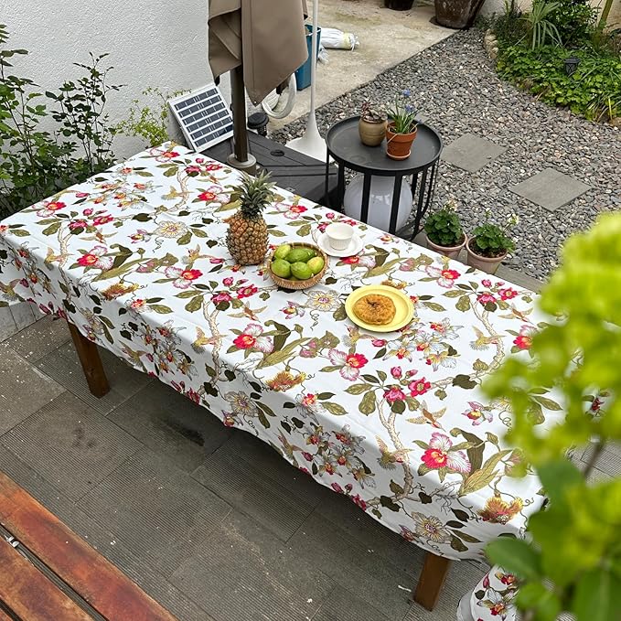 Rectangle Waterproof Tablecloth, Spring Summer Birds Floral Table Cloth, Decorative Fabric Table Cover for Indoor and Outdoor, 72 x 54 Inch, Red Flower