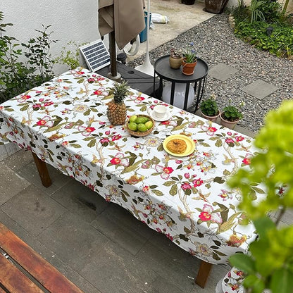 Waterproof Rectangular Tablecloth 60 x 120 Inch, Bird Floral Table Cloth Country Spring Summer Tablecloths, Table Cover for Farmhouse, Dining, Outdoor - Red Flower
