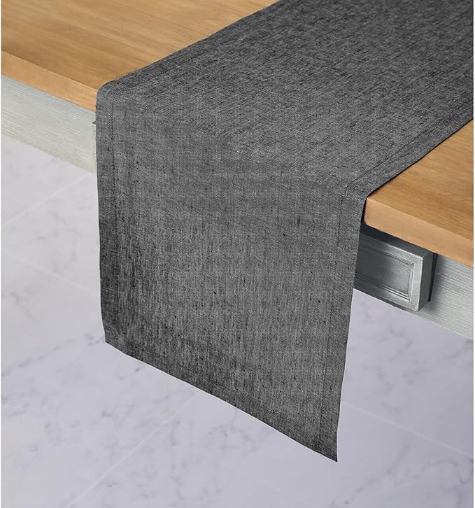 Solino Home Linen Table Runner 144 Inches Long - Athena, 100% Pure Linen Charcoal Grey Dining Table Runner 14 x 144 Inch for Winter - Handcrafted and Machine Washable