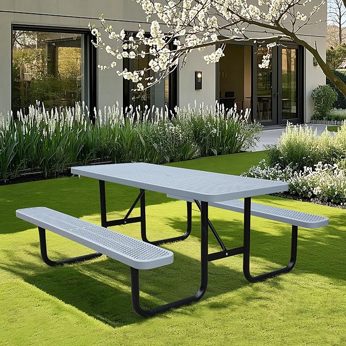 4FT Rectangular Metal Picnic Table for Outdoors, Commercial Steel Metal Picnic Tables, Heavy Duty Sturdy Picnic Tables Furniture Set for Patio Garden Courtyard BBQ, with Umbrella Hole, Grey