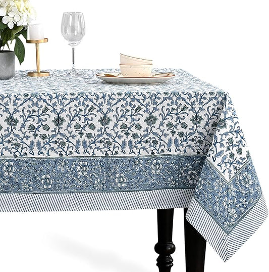 CPC Ocean Vine Tablecloth 100% Cotton 60x60 Inch Indian Block Print Rectangle Table Cover, Table Cloth for Gifting in Weddings, Halloween, Fall, Christmas, Thanksgiving