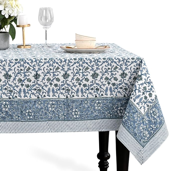CPC Ocean Vine Tablecloth 100% Cotton 70x118 Inch Indian Block Print Rectangle Table Cover, Table Cloth for Gifting in Weddings, Halloween, Fall, Christmas, Thanksgiving