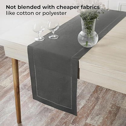 D'Moksha Homes Linen Charcoal Grey Table Runner 120 Inches Long - 100% Pure Linen Hemstitch 14 x 120 Inch Table Runner for Dining, Spring, Easter - Classic Hemstitch